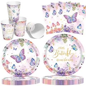 Butterfly Theme Birthday Party Supplies Set, Includes Disposable Paper Plates Napkins Cups, Suitable for 24 People, Butterfly Birthday Decorations