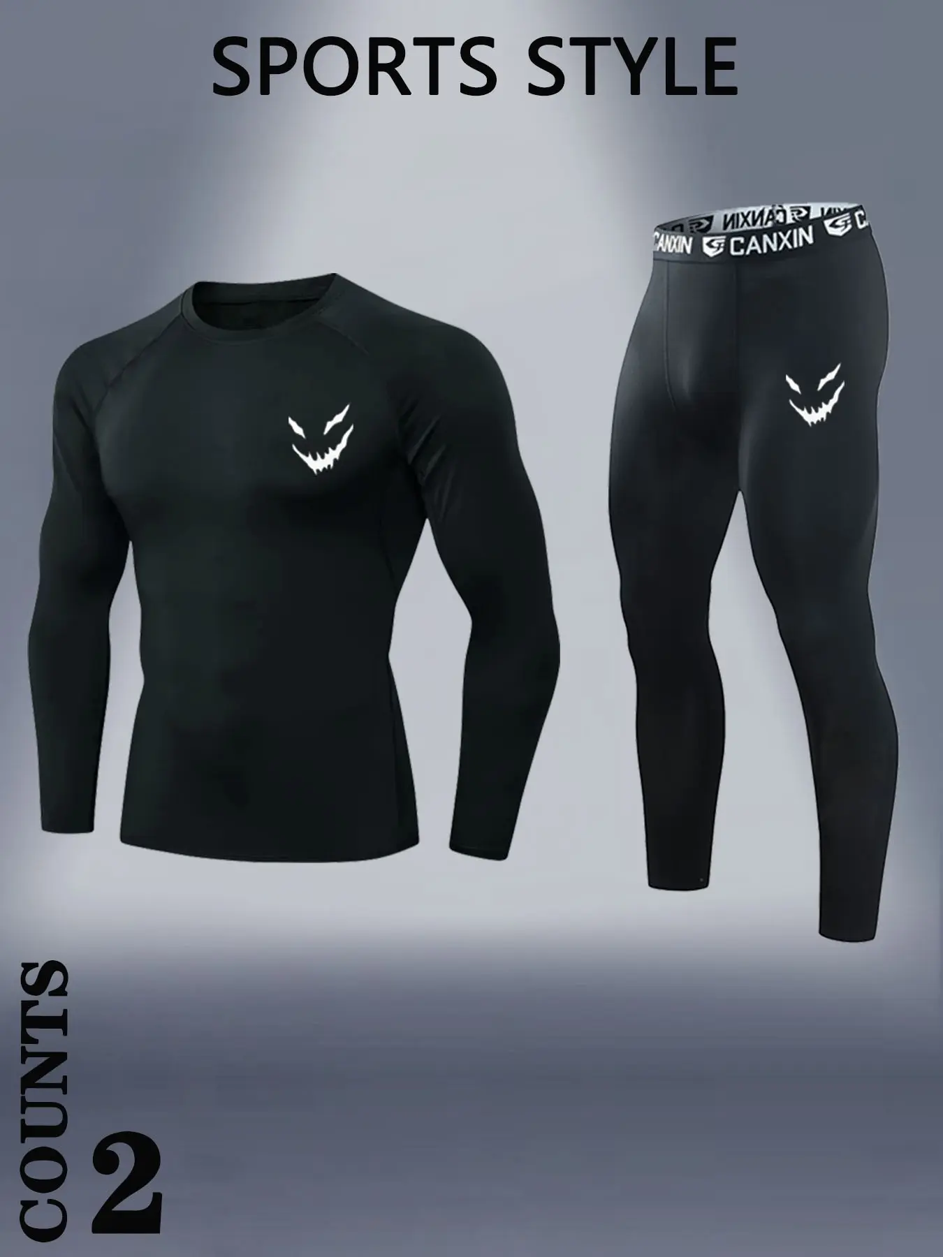 Men's Two-Piece Compression Set, Sports Base Layer with Logo, Long Sleeve Top and Pants, Breathable Elastic Fabric, Gym Running Cycling Training, Sports Wear, Sports Clothes, Tight Leggings, Compression Tops