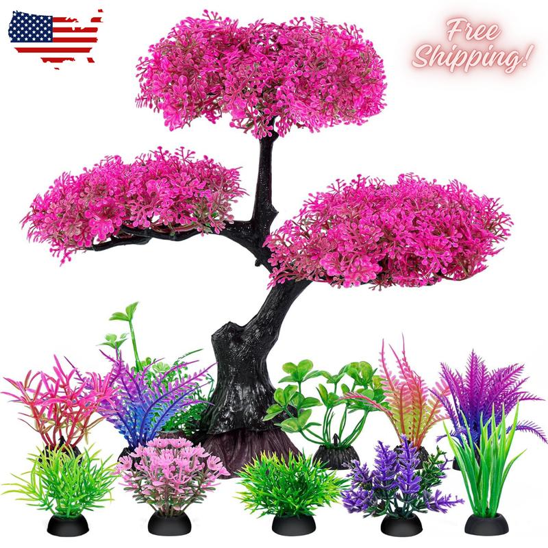 Aquarium Artificial Plastic Plants Decoration, Pink Cherry Blossom Tree