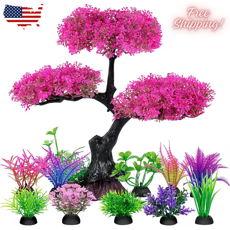 Aquarium Artificial Plastic Plants Decoration, Pink Cherry Blossom Tree