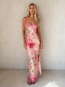 Holiday Style Elegant Draped Style Women's Pink Lace Patchwork Floral Print Spaghetti Long Dress, Sexy V Neck Sleeveless Island Vacation Bodycon Fit Dress