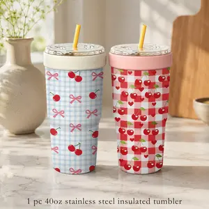 Cherry Sweetheart Insulated Tumbler | 32oz Stainless Steel Travel Cup with Retro Cherry Gingham & Bow Print, Vacuum Insulated Straw Mug Keeps Drinks Cold for Hours, Cute Summer Iced Coffee & Milk Tea Companion for Office & Car Use