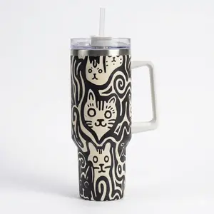 Abstract Cat Faces Pattern 40oz Insulated Stainless Steel Tumbler with Handle, Double Wall Vacuum Travel Cup