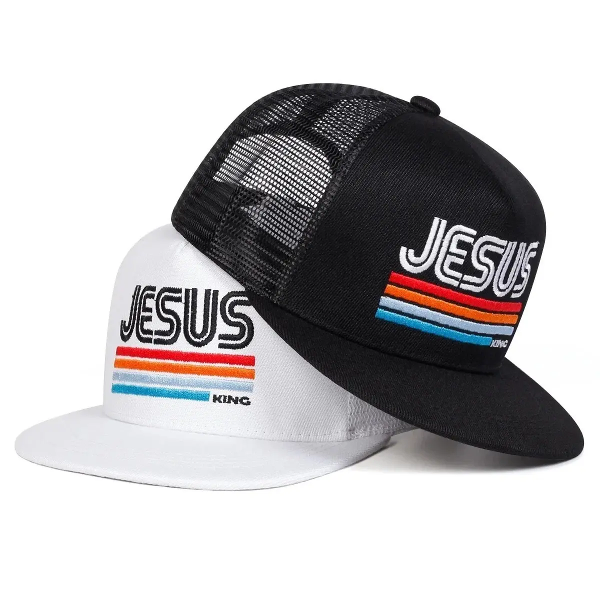Jesus King Embroidered Trucker Hat, Retro Christian Mesh Back Snapback Cap, Vintage Stripe Faith Baseball Hat for Men & Women