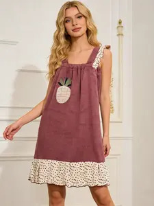 Elegant Pineapple Embroidered Bathrobe, Polka Dot Ruffle Strap Sleepwear, Skin-Friendly Absorbent Home Dress