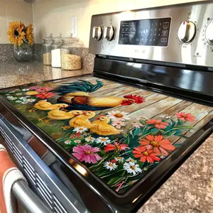 1pc Large Non-Slip Heat- Farmhouse Kitchen Mat with Rooster& Chicks Design- Extra  Scratchproof Stove Top Protector for Electric Glass Stoves, Ovens, Washers, Dryers- Durable Fabric Appliance Cover in Red, Yellow, Green
