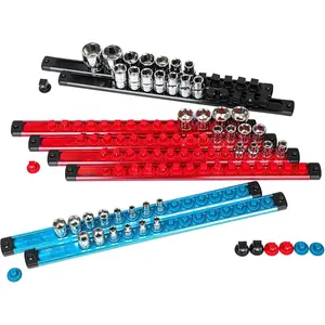 8 count  Socket Holder Organizer Set - 1/4, 3/8, 1/2 -  Alloy Socket Rail Trays for Tool Box Drawer, Socket Rack Kit with 114 count Clips for Automotive Garage(Blue Red Black)