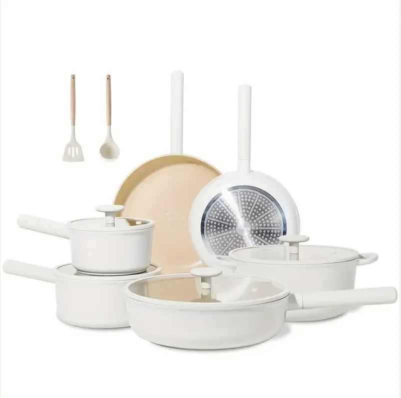 【Clearance Sale】Jeetee Ceramic Cookware Sets 15/17 Pcs, Pot and Pan Set Non-Stick, Beige Ceramic Coated Cookware Set, Oil Polymerization Design, Healthy Non-Toxic Cooking Set, Rv Camping Stackable Pan, Removable Handle, Oven-Safe, PTFE/PFOA Free