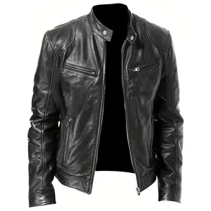 [Men's Slim Fit Biker Jacket - Zipper collar with multiple pockets, fall and winter collection, fashionable and practical, suitable casual wear