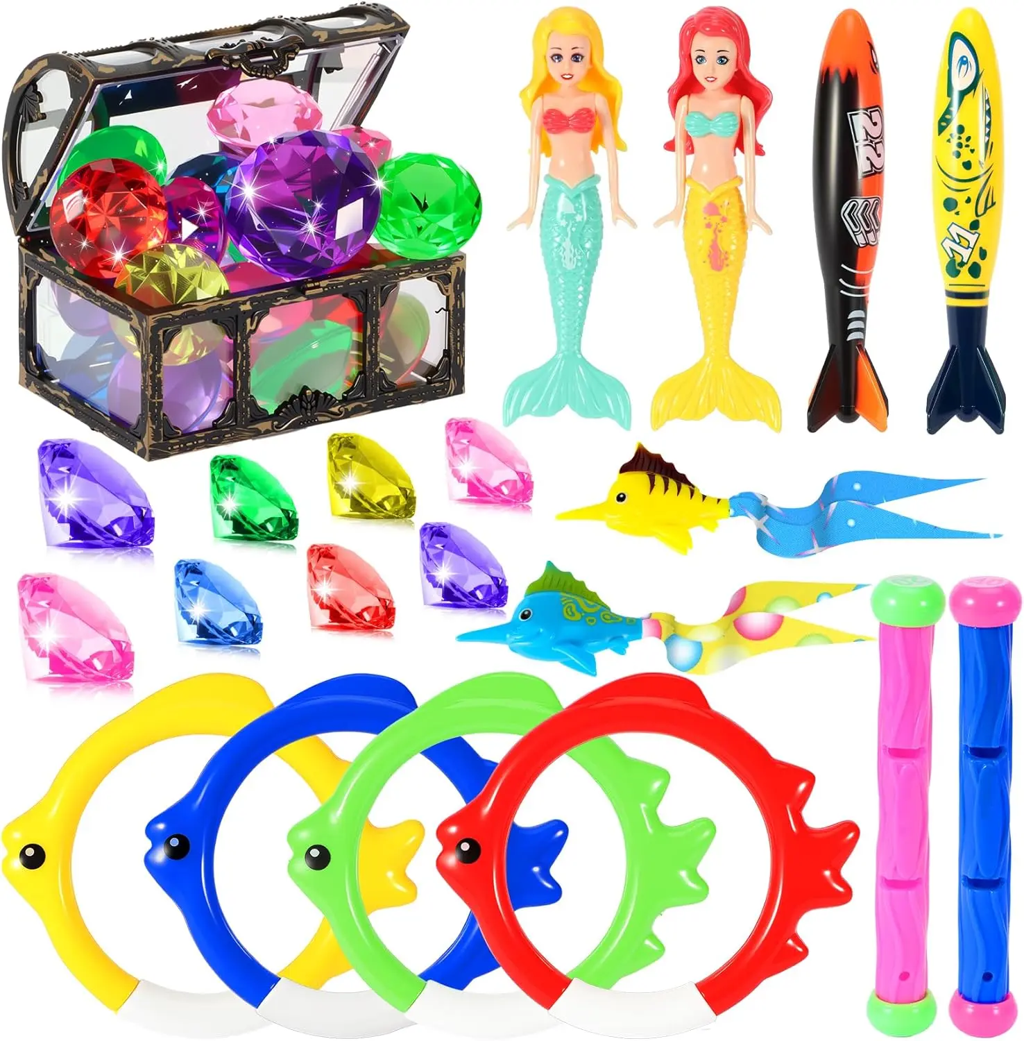 Diving Pool Toys for Kids Ages 3-12, Swimming Pool Toys Water Sinking Toys with Diving Gem Pirate Treasure Chest, Mermaid Toys, Dive Rings Sticks Torpedo Storage Bag for Summer Party Favor
