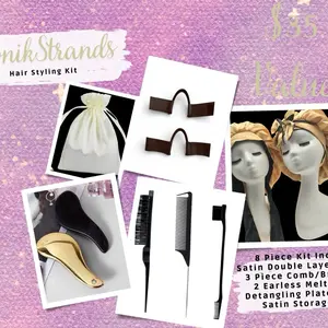 8 Piece Hair Stying Kit with Satin Double Layer Bonnet, Satin Storage Bag, 2 Earless Melt Bands, Detangle Brush, 3 Piece Comb/Brush Set