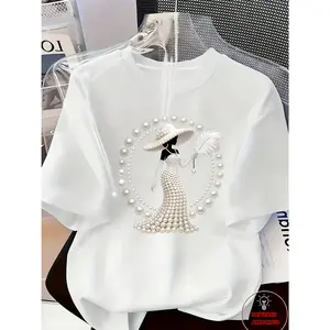Elegant Light Luxury High-end Temperament Style Wear! Women's Printed T-Shirt-Pearl Diamond Jewelry Women's Design |   Light Luxury Gorgeous Daily |   Soft and Breathable Upper Body Fabric, Spring and Summer Casual Round Neck Short-sleeved Top