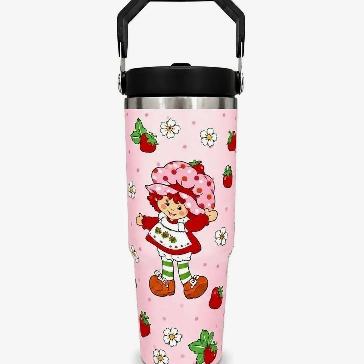 Retro Strawberry Cartoon Girl 30oz Stainless Steel Tumbler with Handle, Cute Pink Berry Sweet Vibe Travel Cup with Straw Lid, Perfect Birthday or Christmas Gift for Women, Teens and Cartoon Lovers