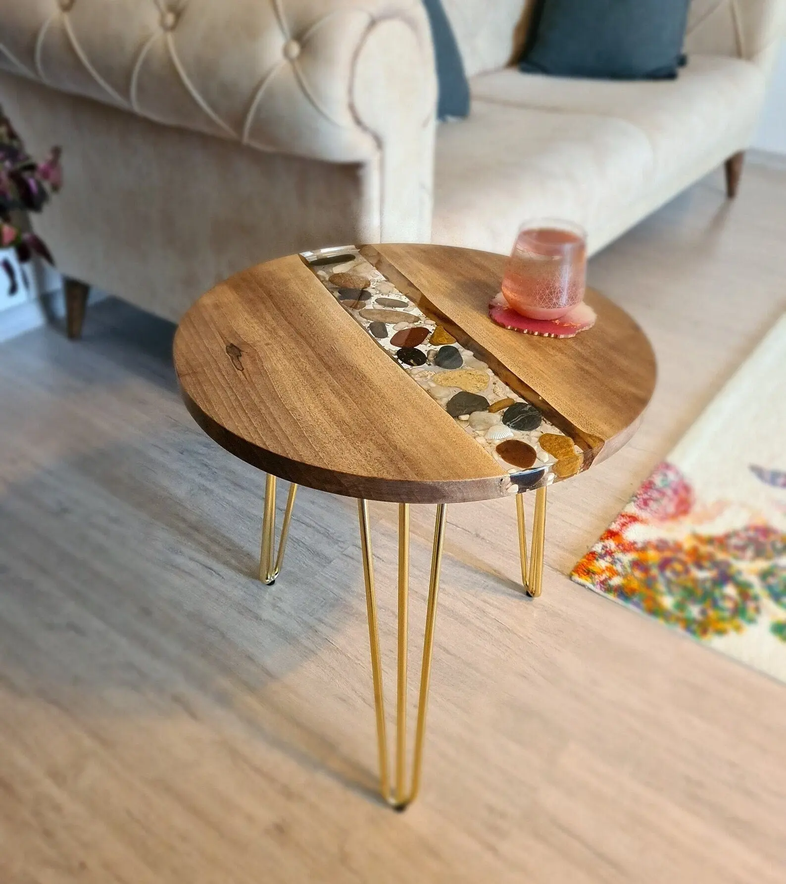 Custom Walnut Wood Coffee Table With Pebble Stones - TikTok Shop