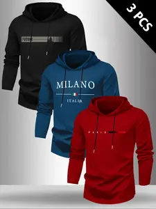 Men's Letter Print Hooded Long Sleeve T-Shirt, Casual Outdoor Sportswear, Fitted H-Type, Spring & Fall, 3 Pack