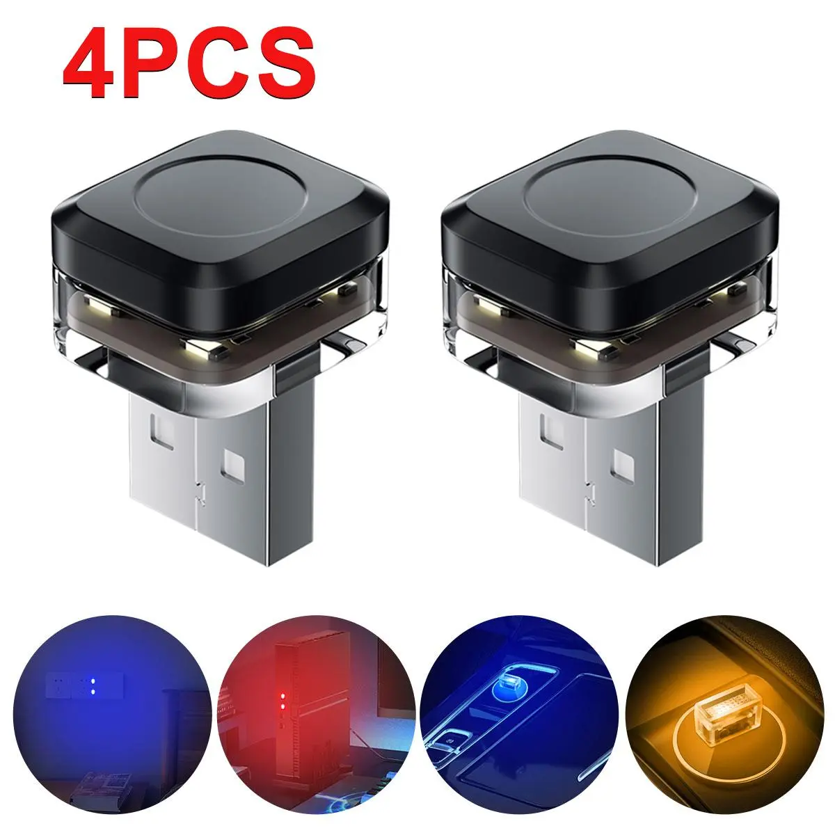 USB Car Interior Atmosphere Lamp, 4 Counts Universal Mini LED USB Lights for Car Decoration Lighting, LED Decorate Lights for Car, Home, Office, Car Decorative Light, LED Car Ambient Light, Interior Led Vehicle, Auto Decorative Light