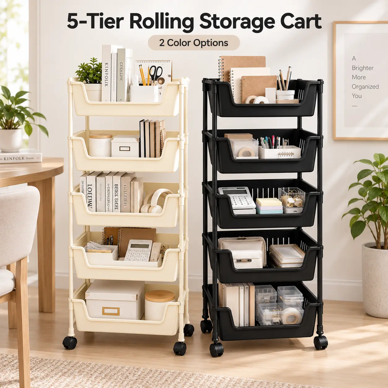 Minimalist 5-Tier Rolling Storage Cart with Ventilated Baskets - Compact Self-Assembled Slim Utility Organizer with Wheels, Multi-Room Storage Rack for Bedroom/Kitchen Small Spaces
