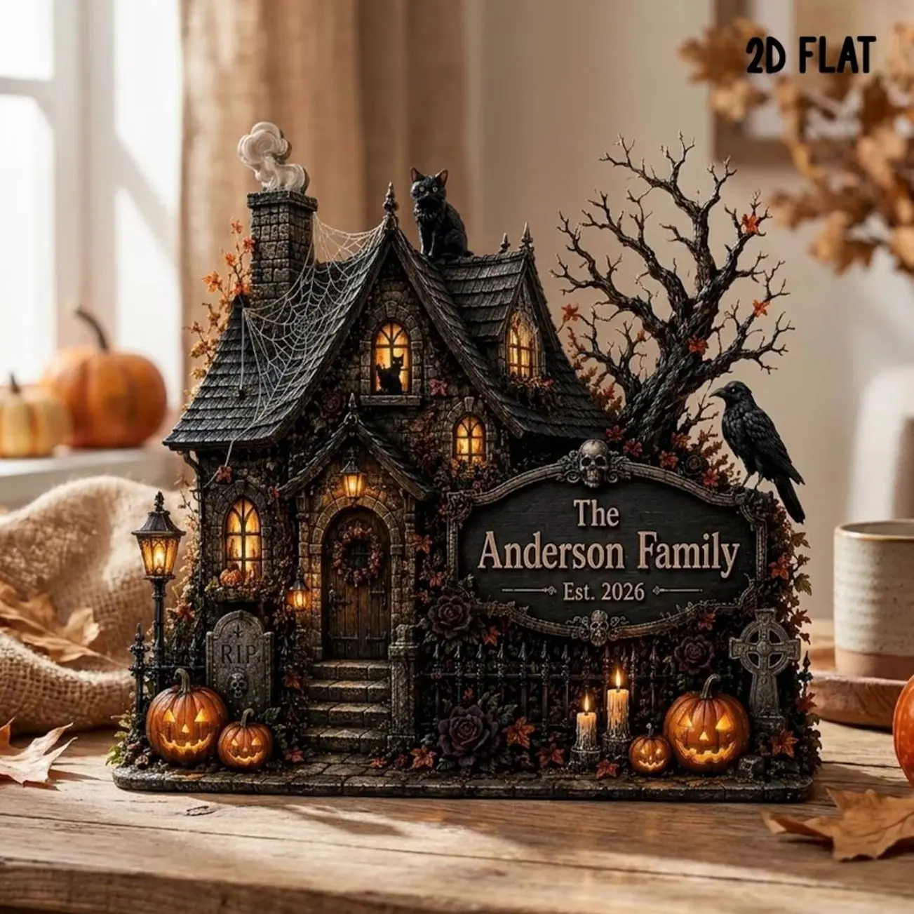 Personalized Haunted House Wooden Block, Custom Family Halloween Decor, Spooky House Table Decor, Gothic Halloween Keepsake, Halloween Gift