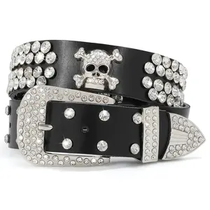 XZQTIVE Shimmering Rhinestone & Skull Western Leather Belt for Men & Women - Wide Buckle, Vintage Glam, Perfect for Jeans & Cowboy/Cowgirl Attire