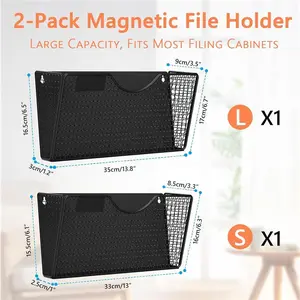 Magnetic File Holder, 2 Pockets Magnetic File Folder Holder No Drilling Magnet Paper Mail Organizer Magazine Basket, Hanging Wall Storage Rack for Fridge Cabinets Office Classroom