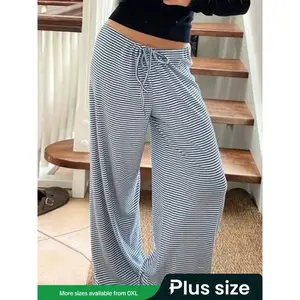 Plus-size women’s striped print drawstring wide-leg pants, casual woven fabric suitable for all seasons, medium thickness, comfortable and fashionable GARMENTARY