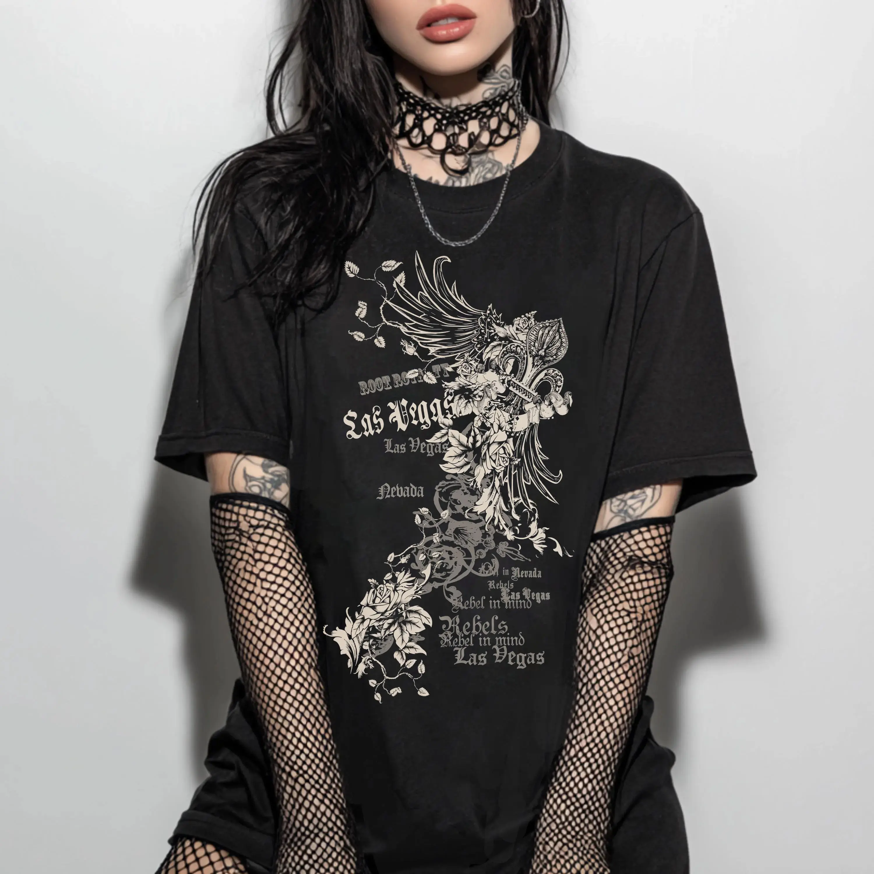 Shaniah Goth Women's Summer Graphic T-Shirt With Vintage Cross Floral Punk Subculture Anime Print, Summer Goth Clothes