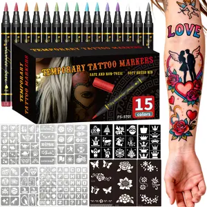 Temporary Tattoo Markers for Skin, 10/15/30-Count Body Markers 10/15/30 Color Tattoo Pens,Tattoo Stencils,Flexible Brush Tip, Bright colors, Face Paint Kit Cosmetic Quality,Halloween makeup