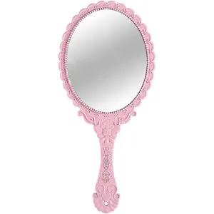 Handheld Mirror, Hand Held Mirror with Handle, Small Travel Packet Compact Mirrors, Vintage Decorative Makeup Cosmetic Purse Mirrors for Girls Women, Pink