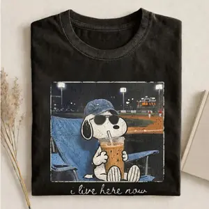I Live Here Now Snooppy Tshirt, Snooppy Baseball Fan Graphic Tee, Vintage Style Shirt, Funny Baseball Lover Gift Shortsleeve Summer