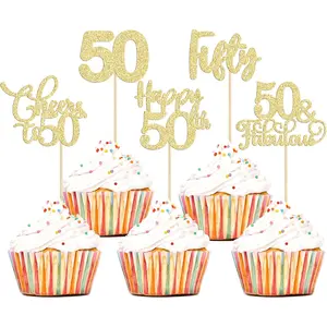 30 Pack Happy 50th Birthday Cupcake Toppers Gold Glitter Fifty Cheers to 50 Years Old Birthday Cupcake Picks for 50th Anniversary Party Cake Decorations Supplies