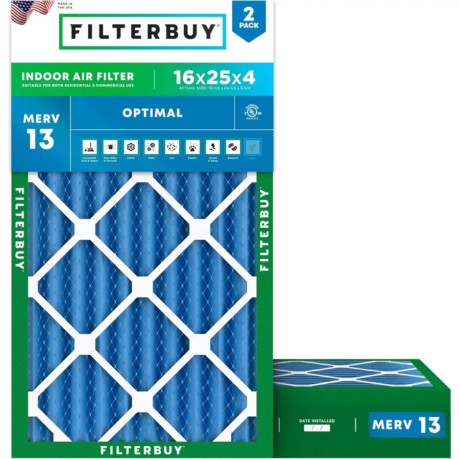 Filterbuy Rectangular Eco-Friendly Electrostatic HVAC AC Furnace Air Filter (2-Pack), 16x25x4 MERV 13 Optimal Defense Synthetic Media Particle Capture (Actual Size: 15.50x24.50x3.63 in), 15.5X24.5", Endures Temperatures Up To 200°F, Electrostatically Char