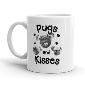 Pugs and Kisses Coffee Mug Funny Pet Puppy Dog Ceramic Cup - 11oz Funny Coffee Mugs Ceramic Printed Drinkware Cup