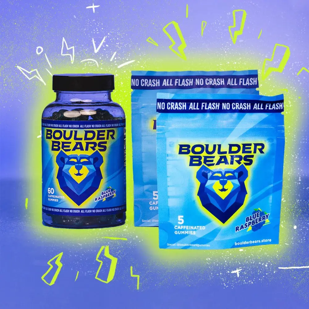 Boulder Bears Gummies - Jar - 60 count + Travel Pack (2) - Caffeinated Gummy Bears with Collagen for Climbers - Candy, Coffee Snack