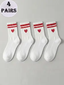 4 Pairs Cute Heart Decor Lady Mid Calf Socks Tube Socks, Breathable Comfy Design with Striped and Heart Pattern, Perfect Valentine's Gift for Women, Mothers Day Socks