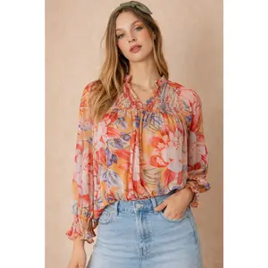 Peach Multi Floral Smocked Boho Blouse