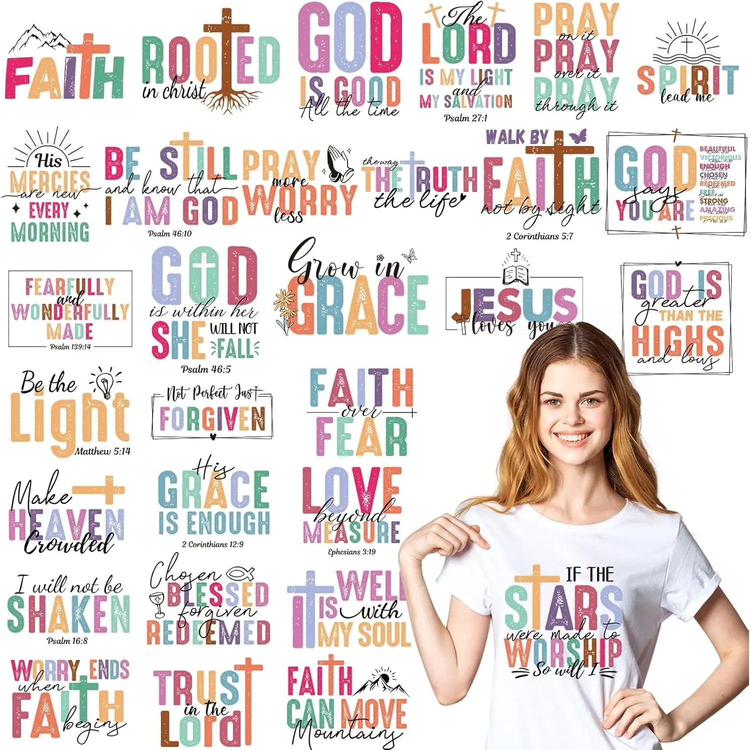 Dtf Transfers Ready to Press - 30 count Christian Iron on Patches for T-Shirts,  God  Iron on Stickers, Heat Transfer Vinyl Decals for Clothes Bag DIY Crafts Fabric Decor