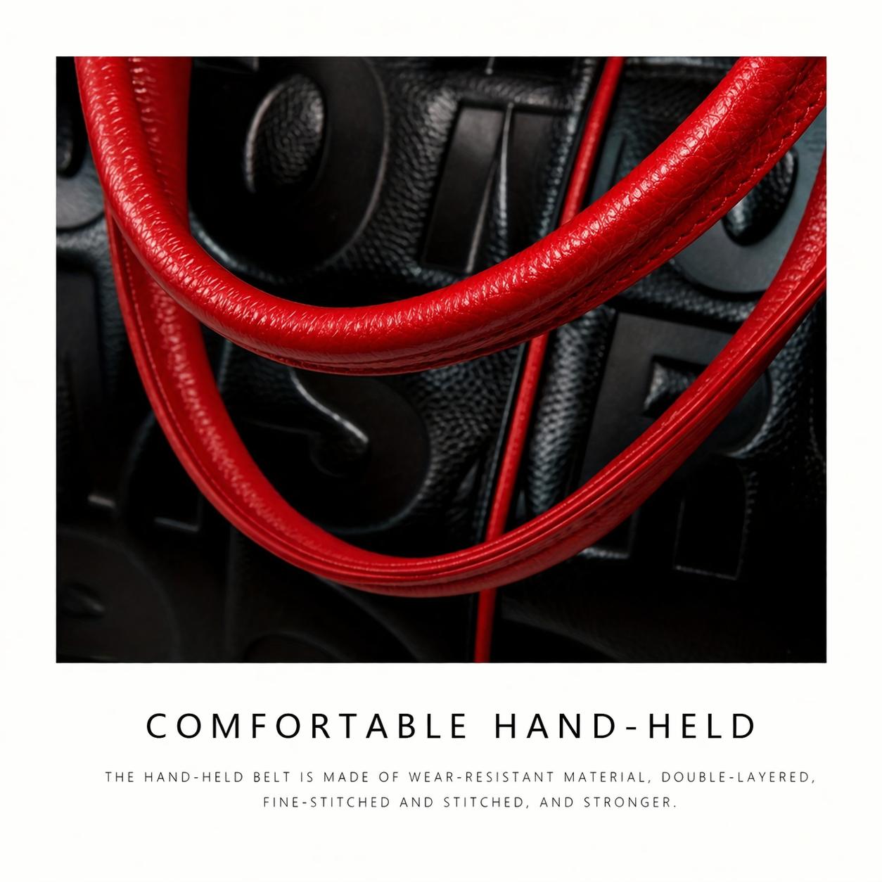 Women's Glossy Faux Leather  city   Tote Bag with Red Handles and Striking Embossed Letter Pattern