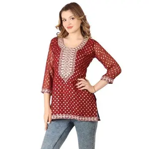 Georgette Embroidered Kurti with Lining, Size 38-52, Red Color, Long Sleeve, Round Neck, Casual Style