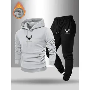 TikTok Trending Streetwear Set, Gray Hoodie & Black Pants with Deer Graphic Print, Fleece - Lined for Warmth, Perfect for Black Friday & Cyber Monday Deals, Ideal for Casual Outfits During TikTok Shop Black Friday Sales and Christmas Gift Ideas