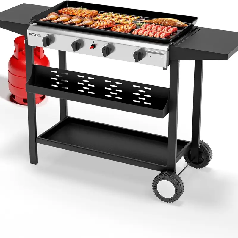 ROVSUN 2/4-Burner Portable Propane Stainless Grill - Square Trolley Flat Top Gas Grill with 20000/40000 BTU, Electronic Ignition, Nonstick Enameled Drip Tray Cleanup, High Heat, 20lb Regulator, Oil Rack, Side Shelves for Camping, Backyard Party