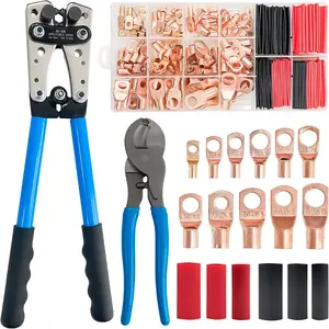 Cable Lug Crimping Tool with 110pcs Copper Wire Lugs and 130pcs Heat Shrinkable Tube, Wire Crimping Tool for AWG 10-1/0 Battery, with Cable