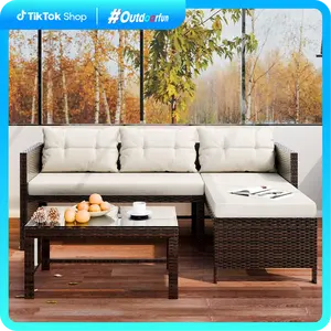 Walsunny 3-Piece Outdoor PE Rattan Furniture Set,  All Weather Wicker Rattan Patio Conversation Sofas with Glass Coffee Table, Sectional counch, Beige