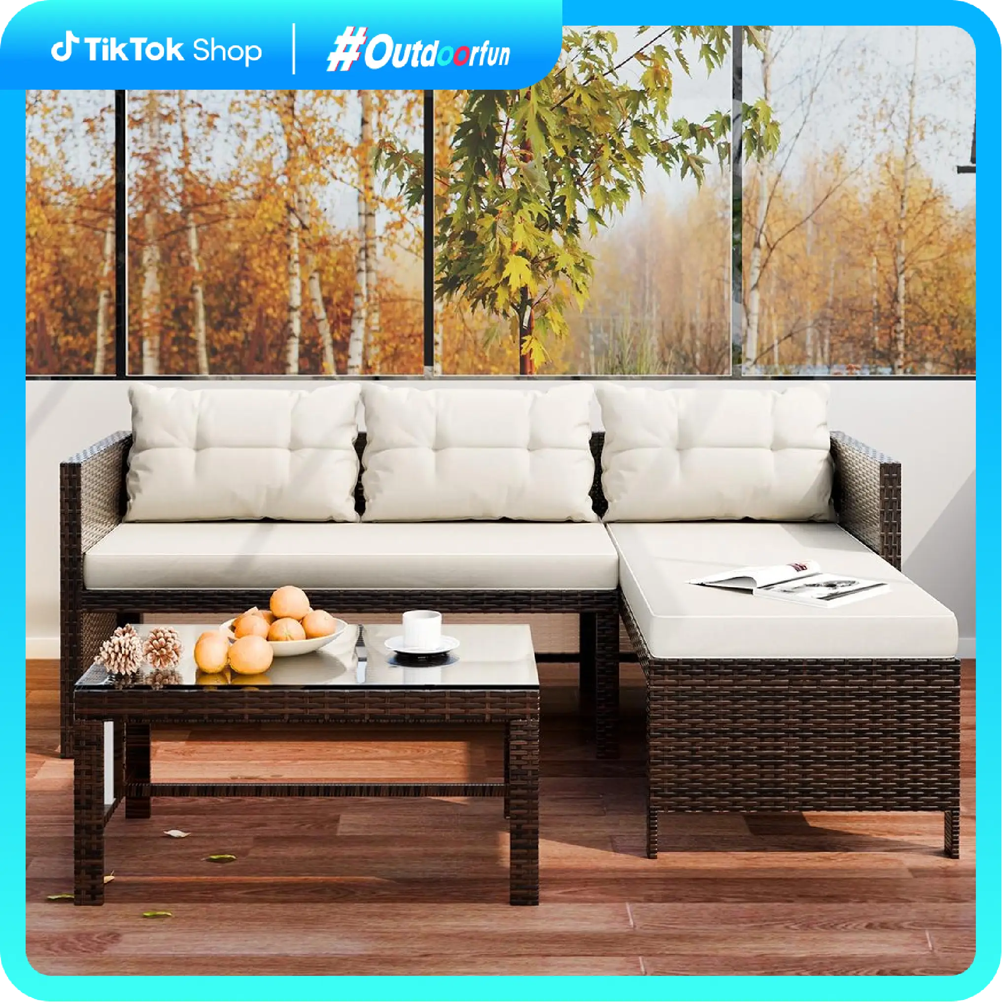 Walsunny 3-Piece Outdoor PE Rattan Furniture Set, All Weather Wicker Rattan Patio Conversation Sofas with Glass Coffee Table, Sectional counch, Beige