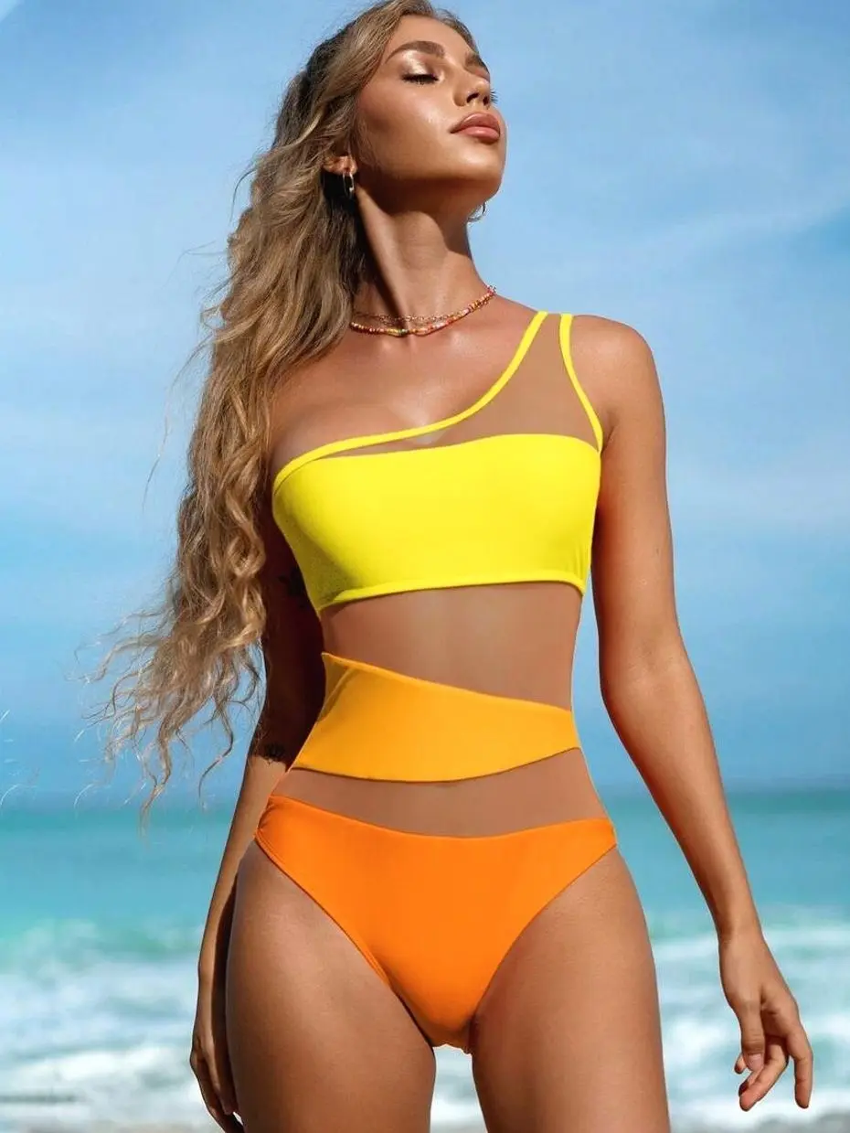 Bikinx Women's Sunset Color-Block One Shoulder One Piece Swimsuit | Sexy Illusion Nude Mesh Patchwork Monokini | Asymmetric Cutout Tummy Control Bathing Suit