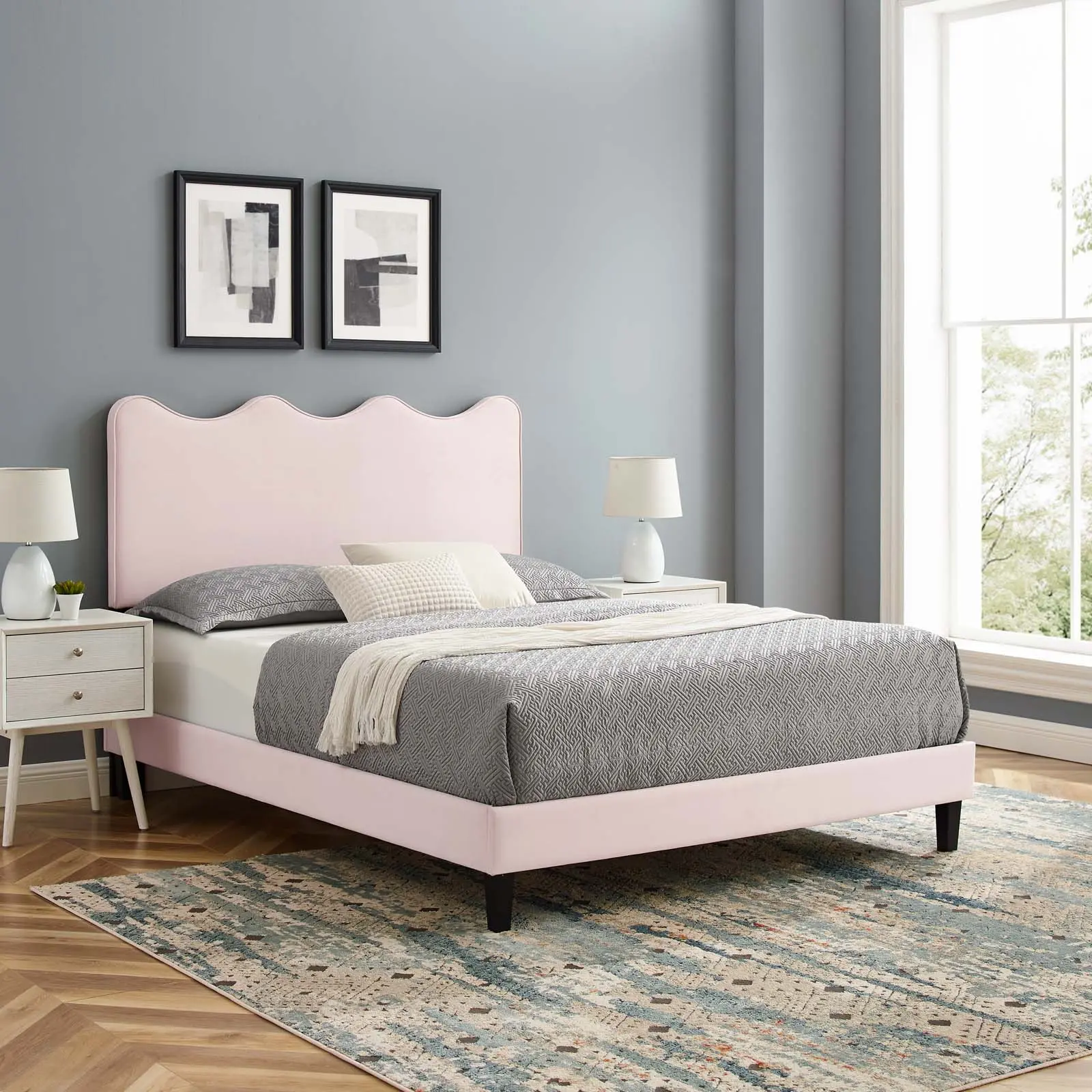 Modway Current Performance Velvet Twin Platform Bed in Pink