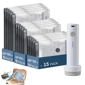 【2025 Upgraded】 Cordless Travel Vacuum Storage Bag Set – 18-Pack in 3 Sizes – 140L/Min Powerful Air Removal – USB Rechargeable Handheld Pump with Built-In Battery – Waterproof & Reusable Space Saver for Clothes & Packing, Perfect for Carry-On Suitcases