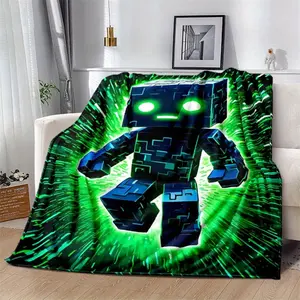 Comfortable green square pattern throw blanket - Soft plush fabric, suitable for all seasons as a bed cover, flannel material, machine washable game-themed bedding. For gamers and modern home decoration.