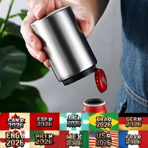 Premium Beer Opener (Silver)   Free soccer-themed stickers，  Magnetic Automatic Stainless Steel Push-Down Opener Removable Bottle Cap Quick Opening Suitable for Kitchens, Homes, Bars, Restaurants, Picnics, Camping and Hiking Birthday Plastic