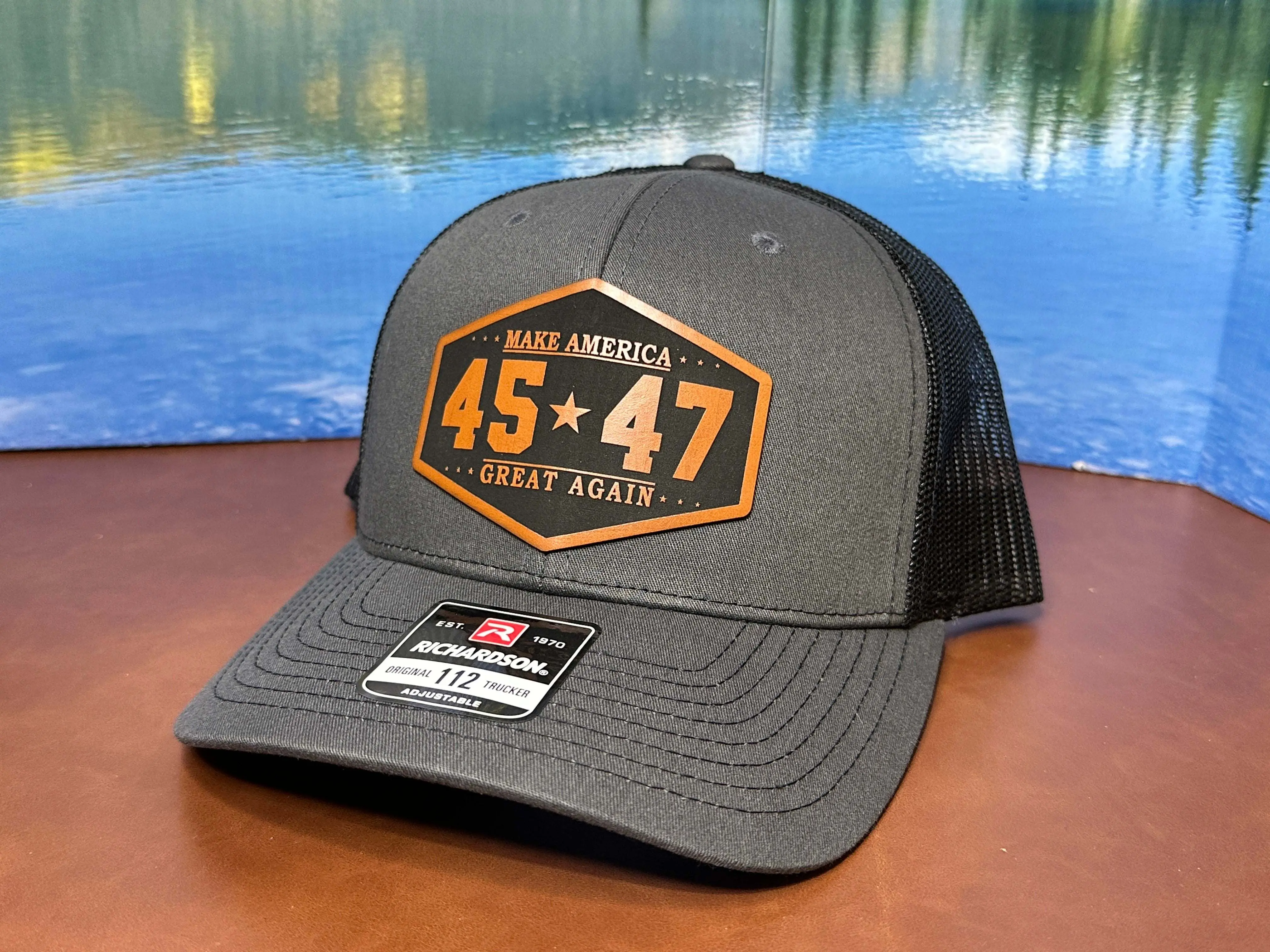 TRUMP 45 47 Patch Hat with Premium Leatherette Patch on Richardson 112 Trucker Hat Patriotic