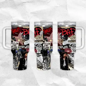Michael Jackson King of Pop V2 Pattern 40oz Handle Tumbler – Retro Fantasy Stainless Steel Travel Mug, Hawkins Inspired Horror Cup, Double Wall Thermal Drinkware, Large Iced Coffee Tumbler, Gift for TV Show & Dungeon Game Fans